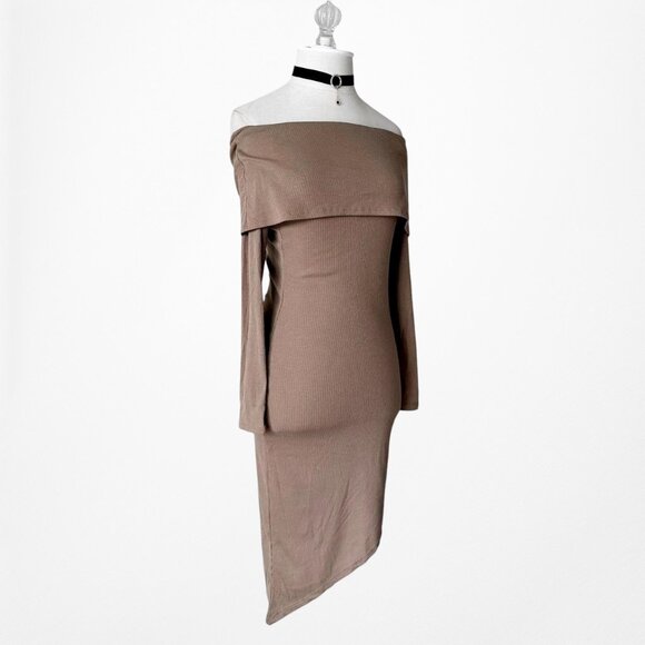 Fashion Nova Brown RIbbed Knit Off The Shoulder Asymmetric Bodycon Dress Size M - Picture 6 of 8